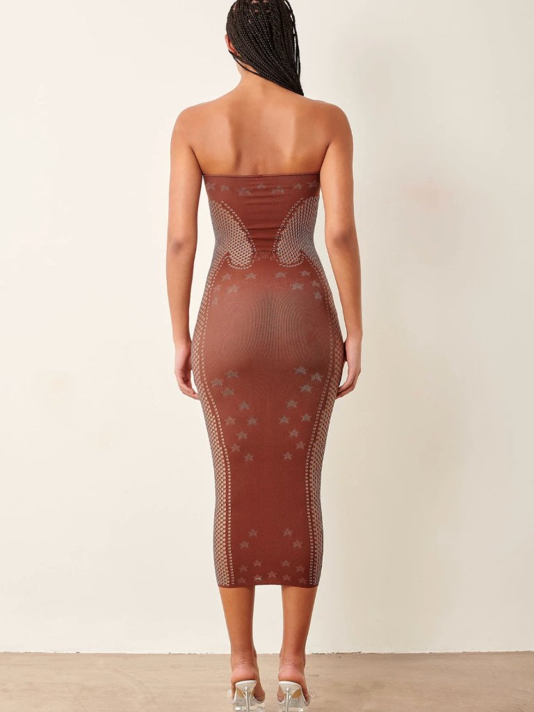 New Poster Girl Roxie Midi Dress In Old Money Brown Sheer Mesh Strapless Bodycon — image 3 of 6